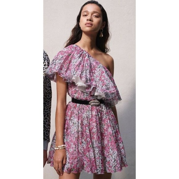 Giambattista Valli x H&M One Shoulder Ruffle Floral Chiffon Dress Pink Size 4 - Picture 1 of 12